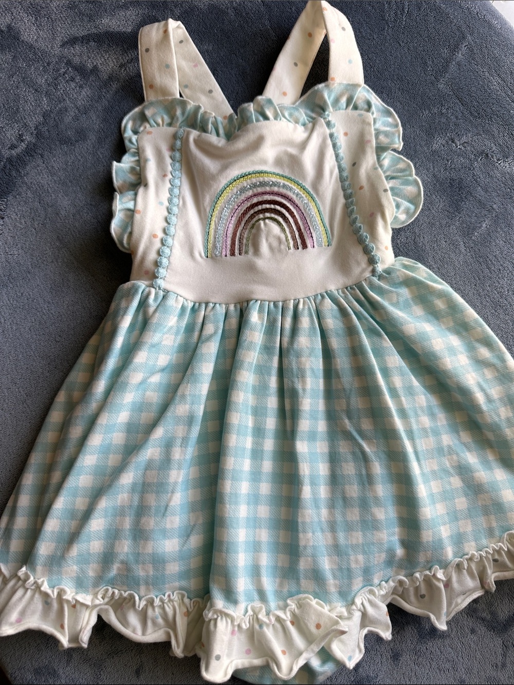 Swoon baby Light Blue Gingham Rainbow Pinafore Dress